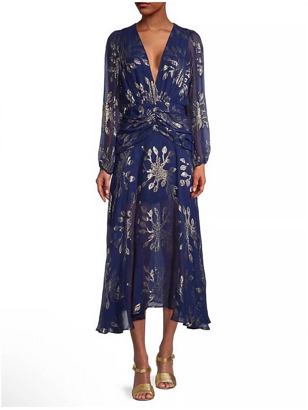 Delfi Collective Lizette Silk Chiffon Midi Dress Navy Gold NWT Small